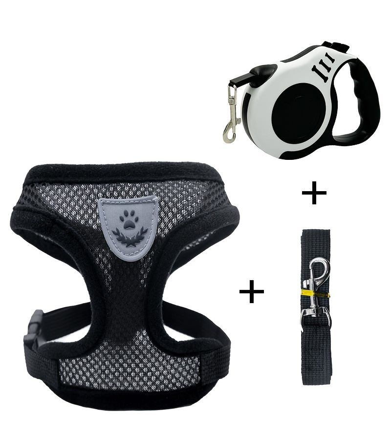 Black M 3 Pcs Double Switch Retractable Pet Leash Set For Small Dogs Easy Control Comfortable Soft Mesh Harness Vest - Image 3
