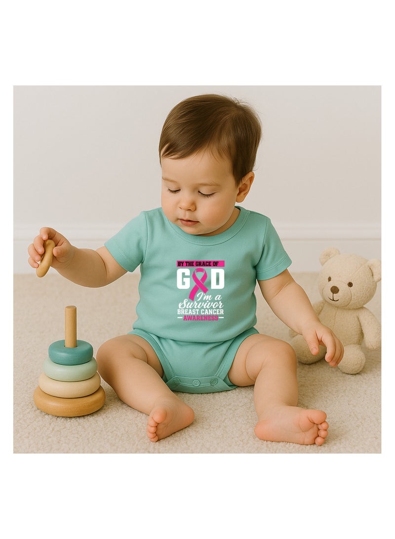 BreastCancer Awareness Baby Romper–“I'm A Survivor” Quote|By The Grace Of God Design–Pink Ribbon Short Sleeve Cotton Onesie For Newborns,Toddlers&Infants–Unisex Jumpsuit For Boys&Girls - Image 2