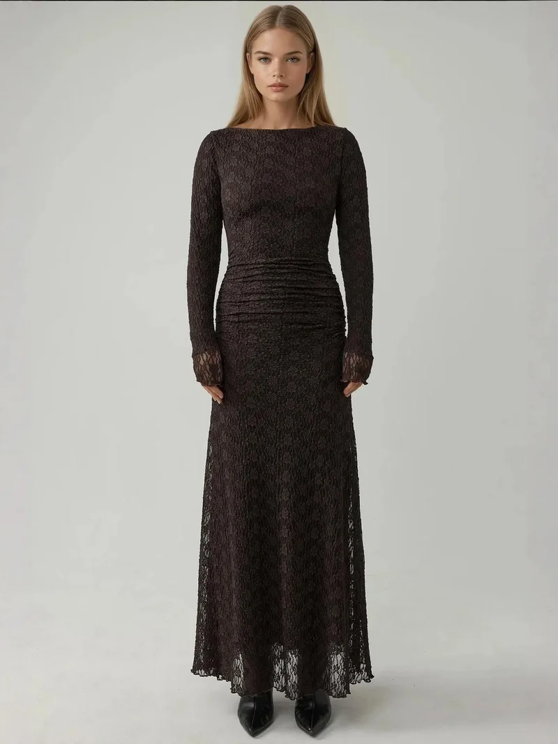 HICCUP Chestnut Brown Maxi Lace Dress with Crew Neck for Women | Best Price UAE