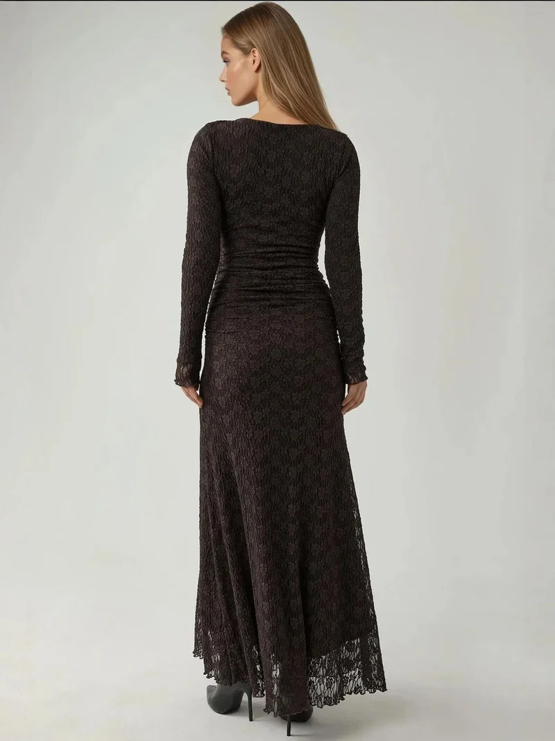HICCUP Chestnut Brown Maxi Lace Dress with Crew Neck for Women | Best Price UAE