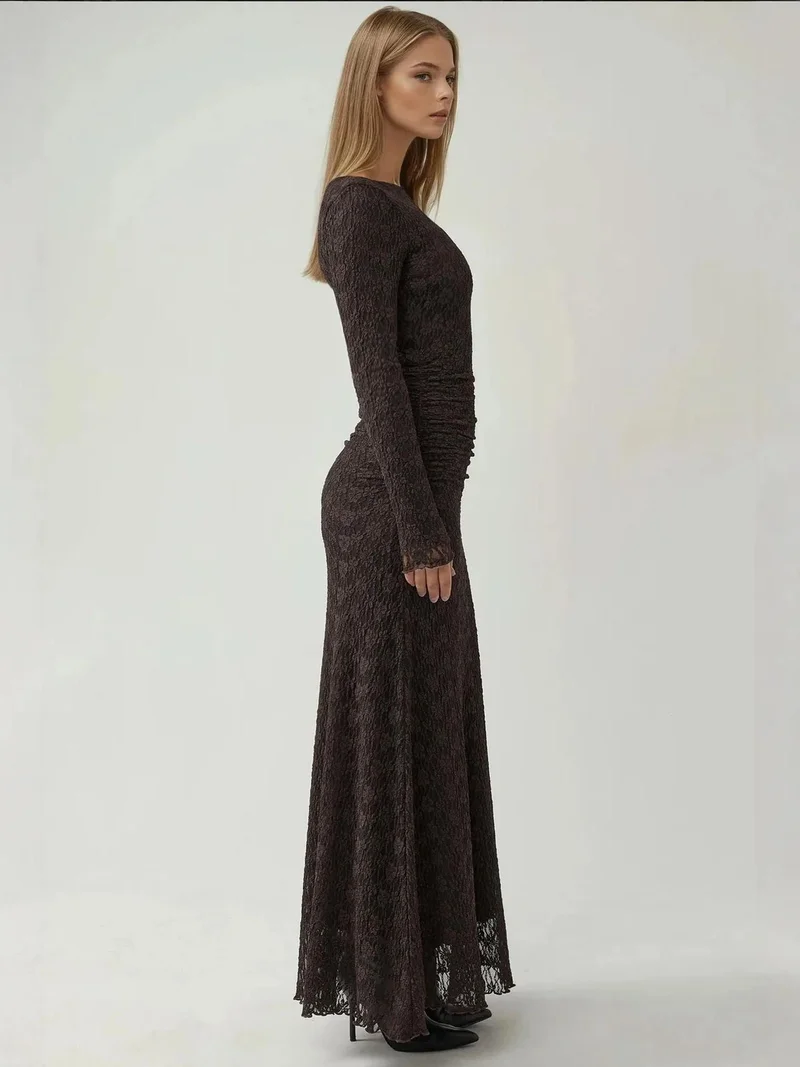 HICCUP Chestnut Brown Maxi Lace Dress with Crew Neck for Women | Best Price UAE