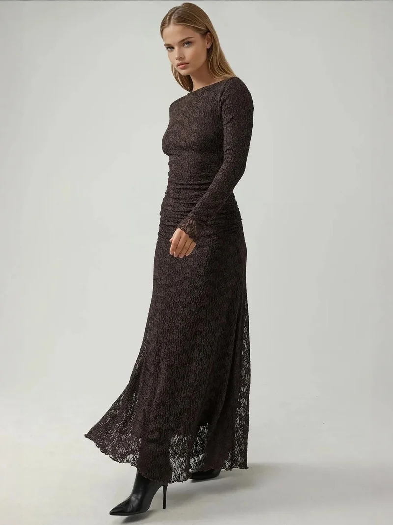 زوبعة فستان ماكسي دانتيل بياقة دائرية