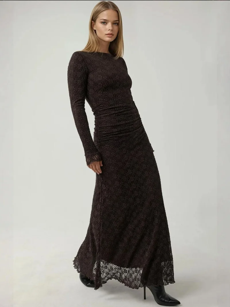 زوبعة فستان ماكسي دانتيل بياقة دائرية