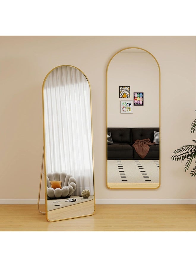 ديكور هيلز مرآة مقوسة كاملة الطول، مقاس 157×47 سم، بزوايا دائرية، إطار من سبائك الألومنيوم، حامل معدني قابل للطي، وأسنان معلقة، مثبتة على الأرض أو الحائط، مناسبة لغرفة النوم، وغرفة الملابس، وغرفة المعيشة - لون ذهبي - Image 1
