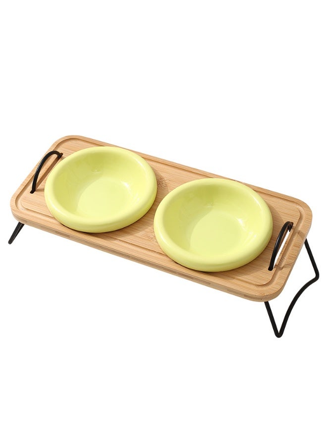 Elevated PE Double Pet Bowls, Non-Slip Feeding Station for Cats & Small Dogs, Fluorescent Yellow, 200ml Each  Bowl - Image 1