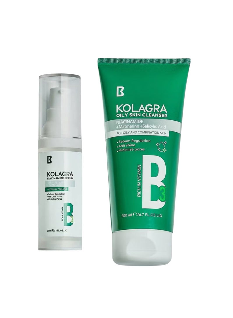 Kolagra Niacinamide Vitamin B3 30ml  + KOLAGRA Oily Skin Cleanser Rich In Vitamin B3 200ml - Image 1