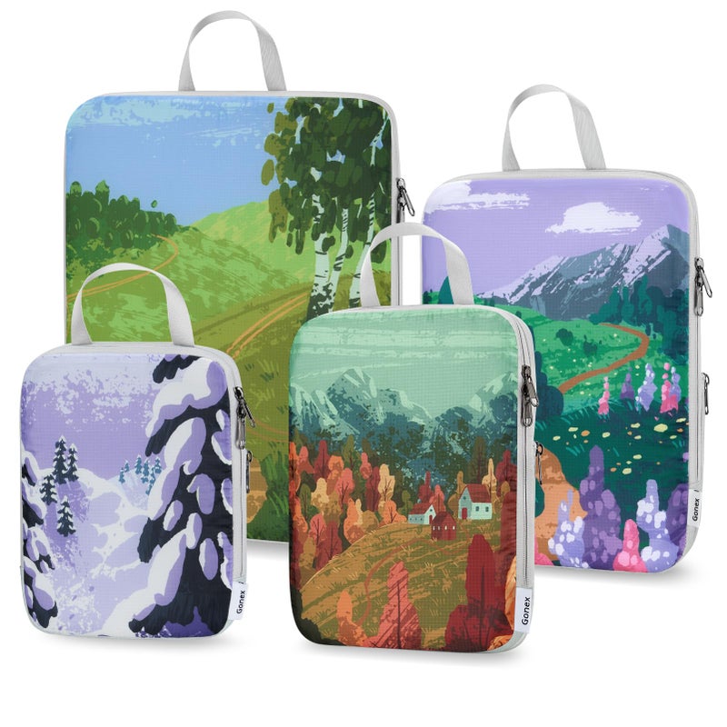 Gonex Compression Packing Cubes, 4pcs Expandable Storage Travel Luggage Bags Organizers, Travel Cubes for Suitcase Carry On (Seasons) - Image 1