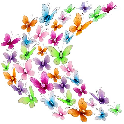 Zonon زانون 60 قطعة من الفراشات الصغيرة للحرف، عبوة فراشات أورجانزا، شبكة شفافة، فراشة لامعة من النايلون، فراشة ملونة مع جوهرة لتزيين حفلات الزفاف وأعياد الميلاد، بحجمين (لون زاهي) - Image 1