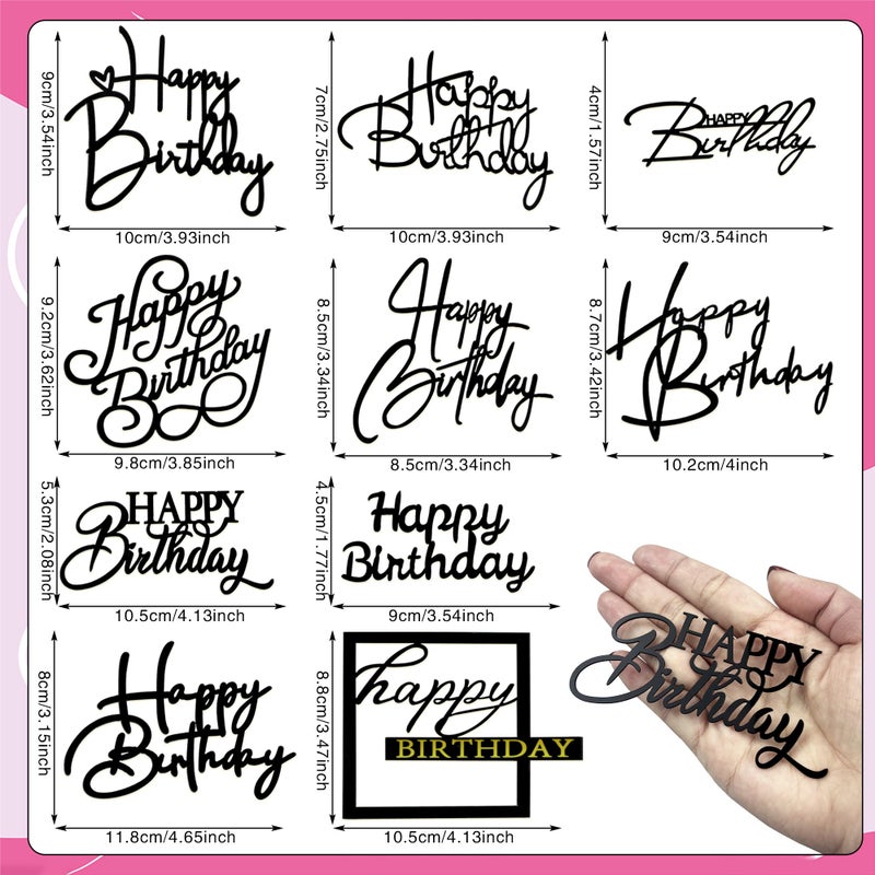 RASSLISA 10 PCS Black Happy Birthday Acrylic Cake Toppers Mirrored Side Cake Decorations Inserts 10 Styles - Image 2
