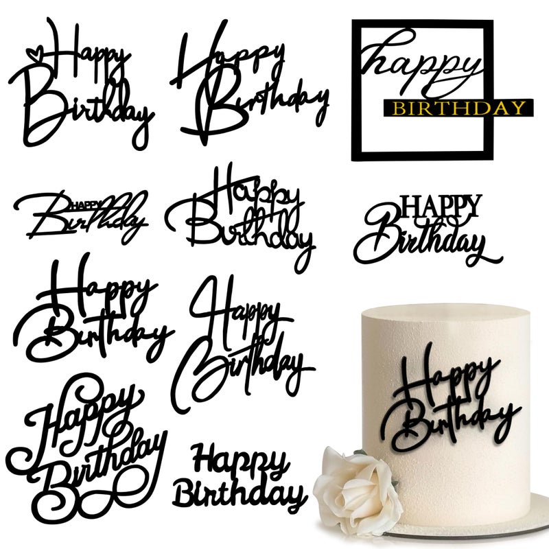 RASSLISA 10 PCS Black Happy Birthday Acrylic Cake Toppers Mirrored Side Cake Decorations Inserts 10 Styles - Image 1