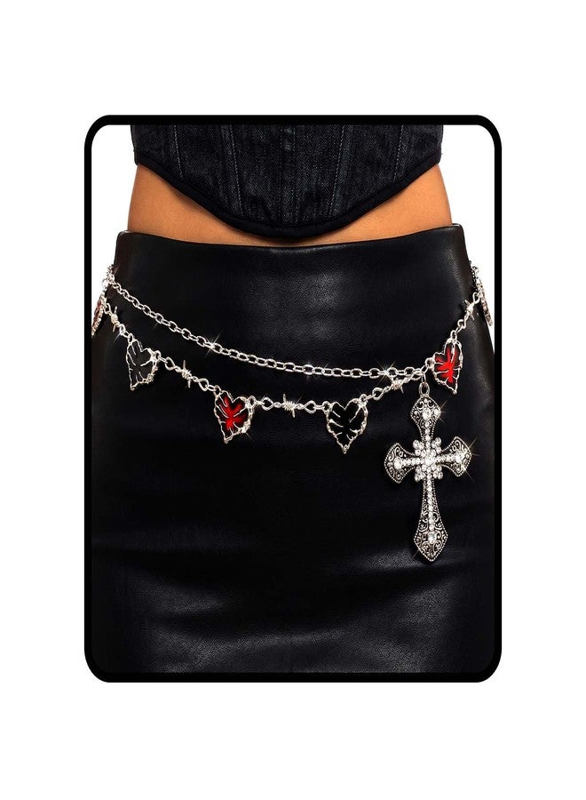 ELABEST Gothic Cross Chain Belt Heart Waist Chain Rhinestone Charm Y2K Body Chain for Women - Image 1