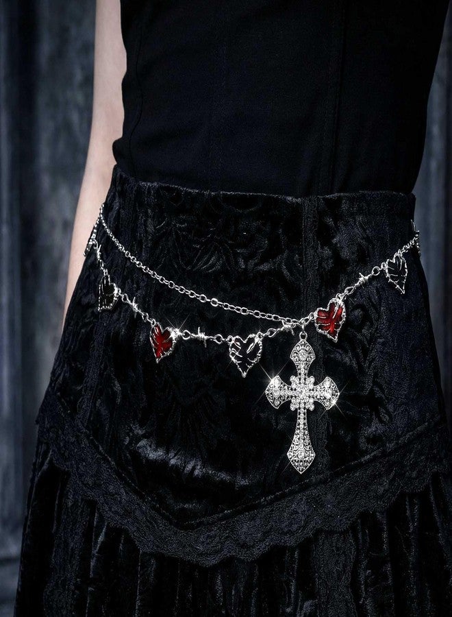 ELABEST Gothic Cross Chain Belt Heart Waist Chain Rhinestone Charm Y2K Body Chain for Women - Image 5