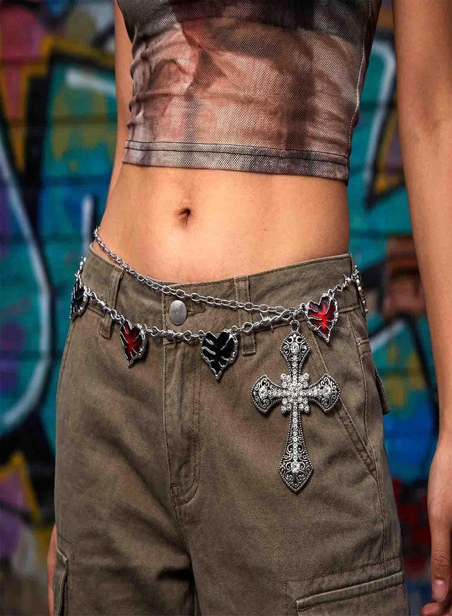 ELABEST Gothic Cross Chain Belt Heart Waist Chain Rhinestone Charm Y2K Body Chain for Women - Image 4