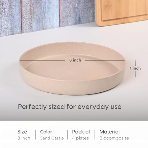 Eha Earth Friendly Verde Round Plates | Set of 4 | 8 inch | Made with Rice Husk Biocomposite | Breakfast Plates | Unbreakable Dinner Plates Set | Microwave Safe | Sand Castle - Image 2