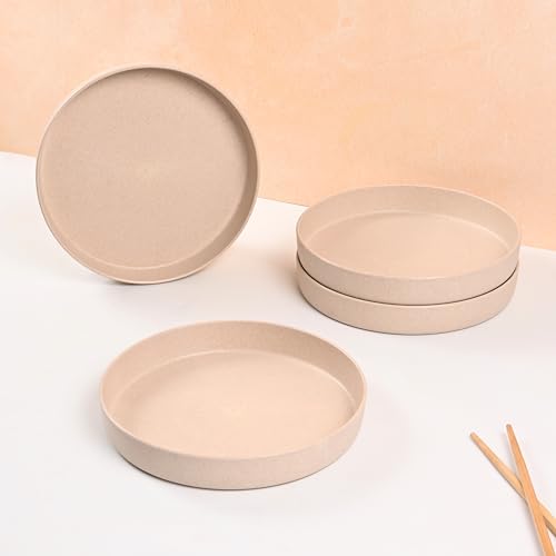 Eha Earth Friendly Verde Round Plates | Set of 4 | 8 inch | Made with Rice Husk Biocomposite | Breakfast Plates | Unbreakable Dinner Plates Set | Microwave Safe | Sand Castle - Image 1