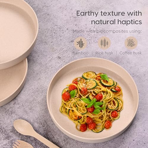 Eha Earth Friendly Verde Round Plates | Set of 4 | 8 inch | Made with Rice Husk Biocomposite | Breakfast Plates | Unbreakable Dinner Plates Set | Microwave Safe | Sand Castle - Image 5