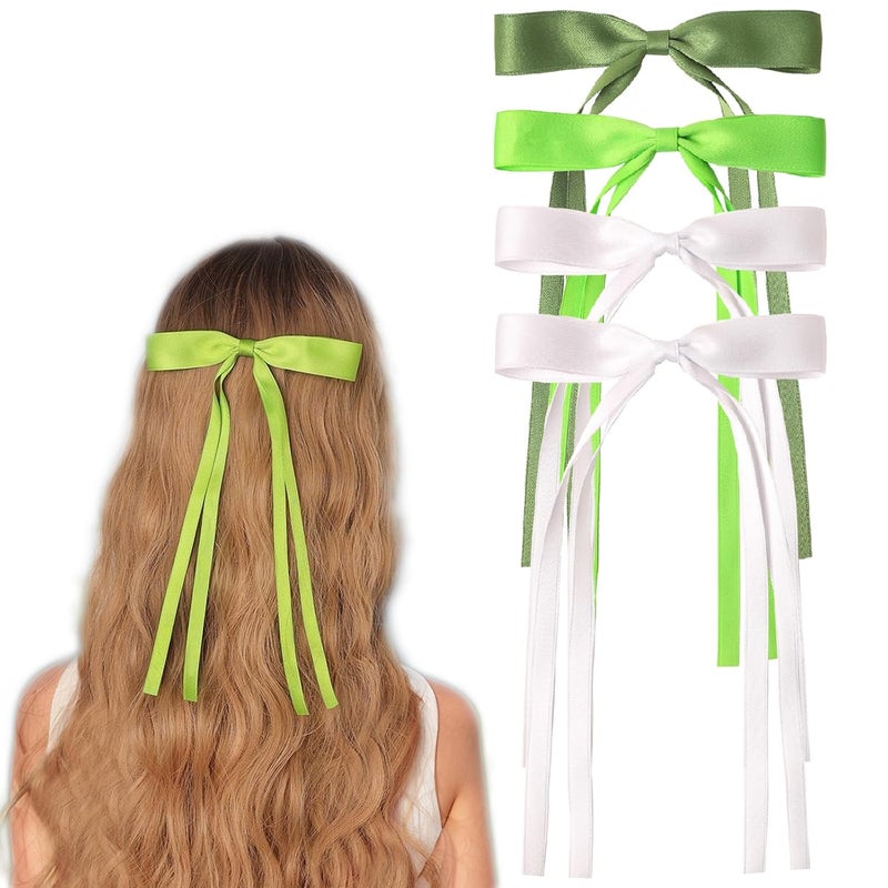 LFOUVRE Hair Accessories for Women - Bow Clips with Long Tails, Tassel Ribbons, and Hair Bows in White and Green