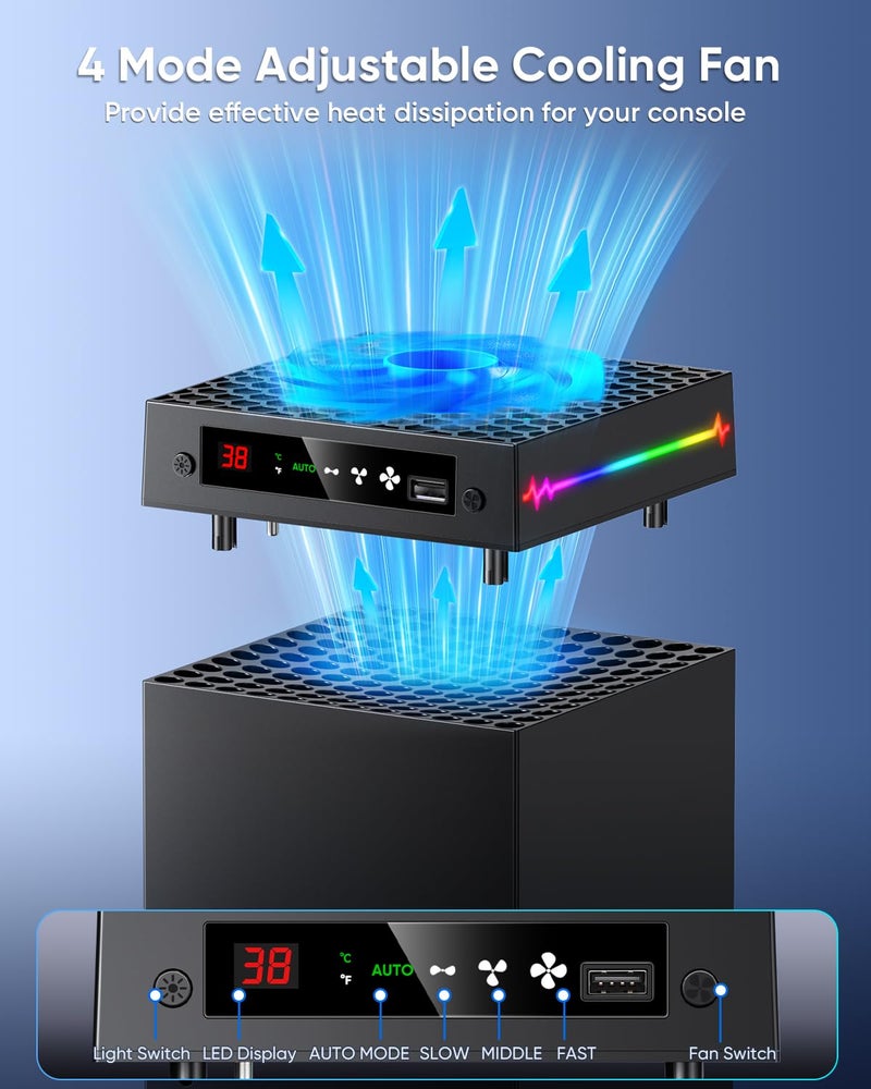 KOVA [LED Display] - Auto Cooling Fan for Xbox Series X with 9 RGB Light Modes, Cooling System Adjustable by Temperature with 4 Gears for Xbox Series X Console, Cooler & Light Switch, Headset Hook,USB Port - Image 3