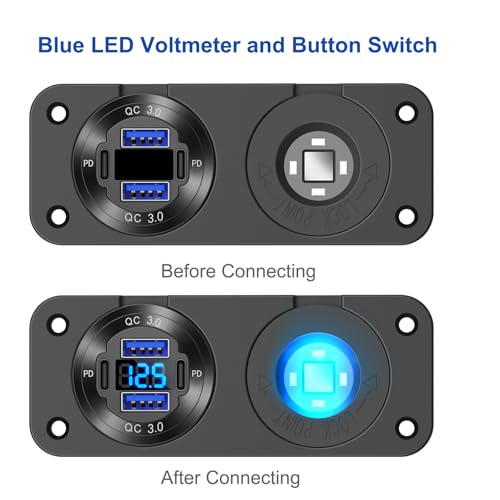 Hapytrip 2025 Upgraded 4 Port 12 Volt USB Outlet Cigarette Lighter Socket Panel, Dual PD3.0 and Dual QC3.0 USB Ports Aluminum Car Charger with Voltmeter, Lighted 150W Socket, 2 in 1 DIY Kit for Boat RV, etc. - Image 4