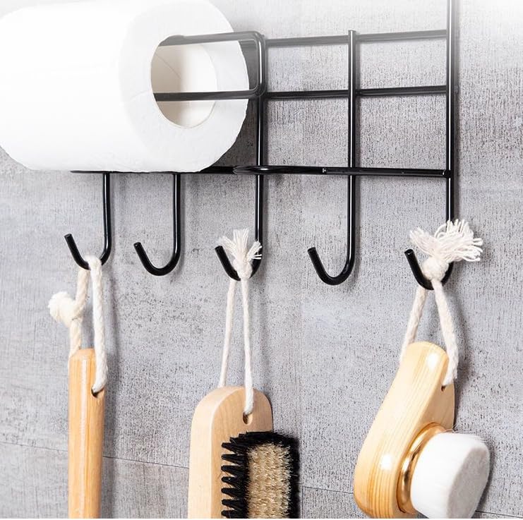 ZURATO Multipurpose Wall Mounted Towel, Tissue roll Holder for Kitchen and Bathroom with 5 Hooks Storage Organizer Rack for Clothes, Keys Spatula Ladle and Accessories Hanging - Image 4