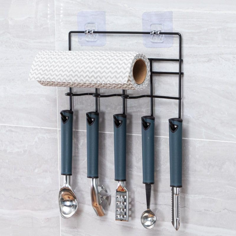 ZURATO Multipurpose Wall Mounted Towel, Tissue roll Holder for Kitchen and Bathroom with 5 Hooks Storage Organizer Rack for Clothes, Keys Spatula Ladle and Accessories Hanging - Image 1