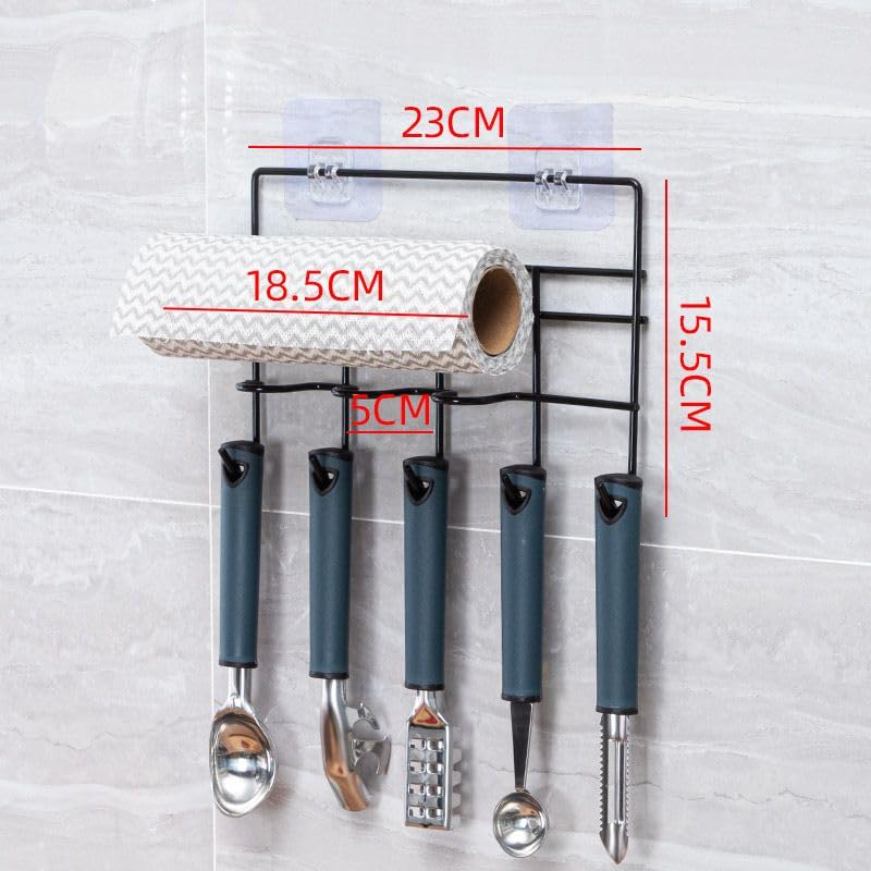 ZURATO Multipurpose Wall Mounted Towel, Tissue roll Holder for Kitchen and Bathroom with 5 Hooks Storage Organizer Rack for Clothes, Keys Spatula Ladle and Accessories Hanging - Image 5