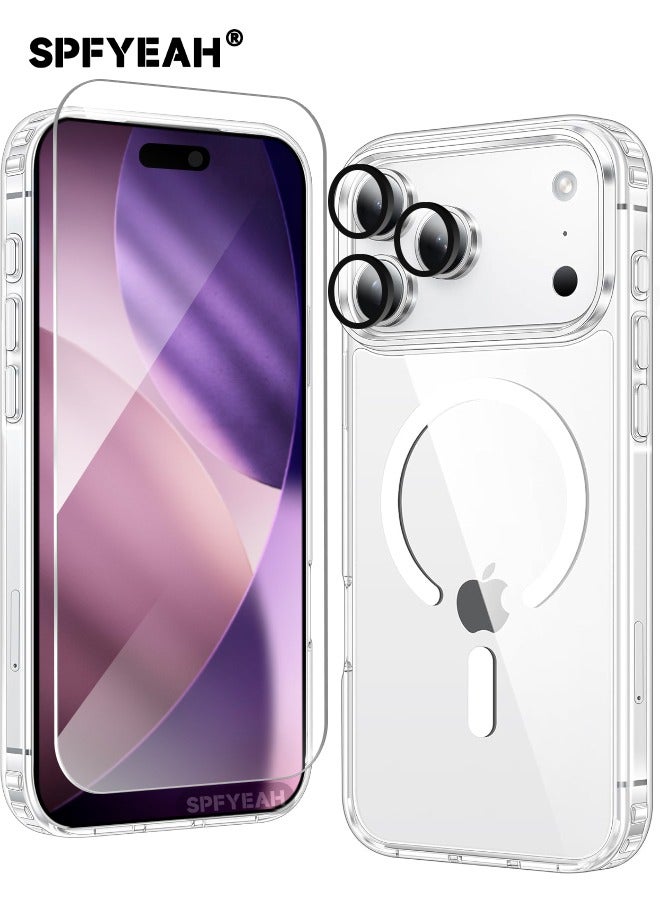 SPFYEAH [3-in-1] iPhone 17 Pro Case with HD Tempered Glass Screen Protector & Camera Lens Protector, MagSafe-Compatible Rugged Shockproof Cover, Anti-Yellowing Clear Bumper Case, Anti-Scratch & Anti-Fingerprint Design (Clear Magnetic) - Image 1