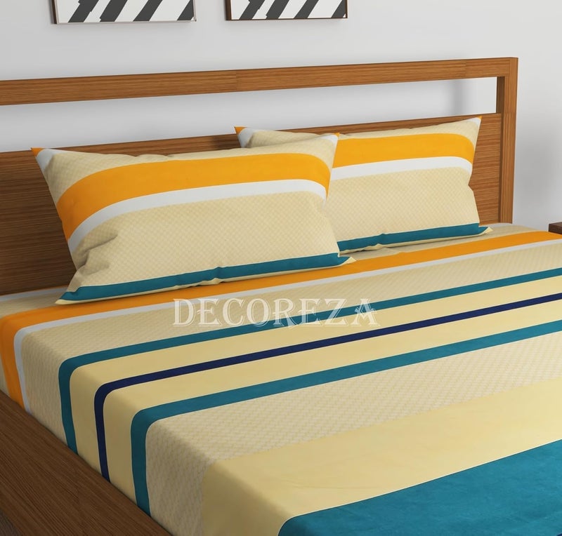 DECOREZA Cotton Feel Glace Cotton Elastic Fitted Printed King Size Double Bed Bedsheet with 2 Pillow Covers and Fits Upto 8 inches Mattress (Yellow Green, King Size 78 X 72 Inch) - Image 2