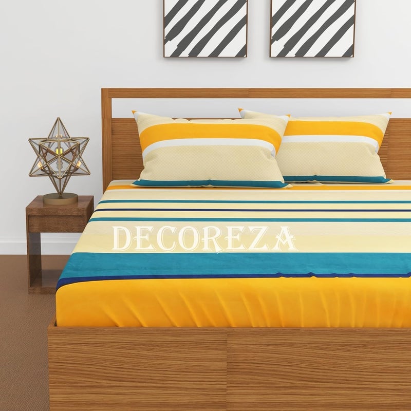DECOREZA Cotton Feel Glace Cotton Elastic Fitted Printed King Size Double Bed Bedsheet with 2 Pillow Covers and Fits Upto 8 inches Mattress (Yellow Green, King Size 78 X 72 Inch) - Image 3