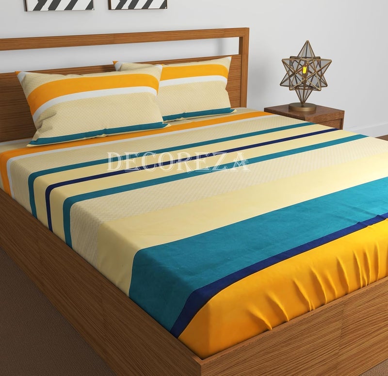 DECOREZA Cotton Feel Glace Cotton Elastic Fitted Printed King Size Double Bed Bedsheet with 2 Pillow Covers and Fits Upto 8 inches Mattress (Yellow Green, King Size 78 X 72 Inch) - Image 1