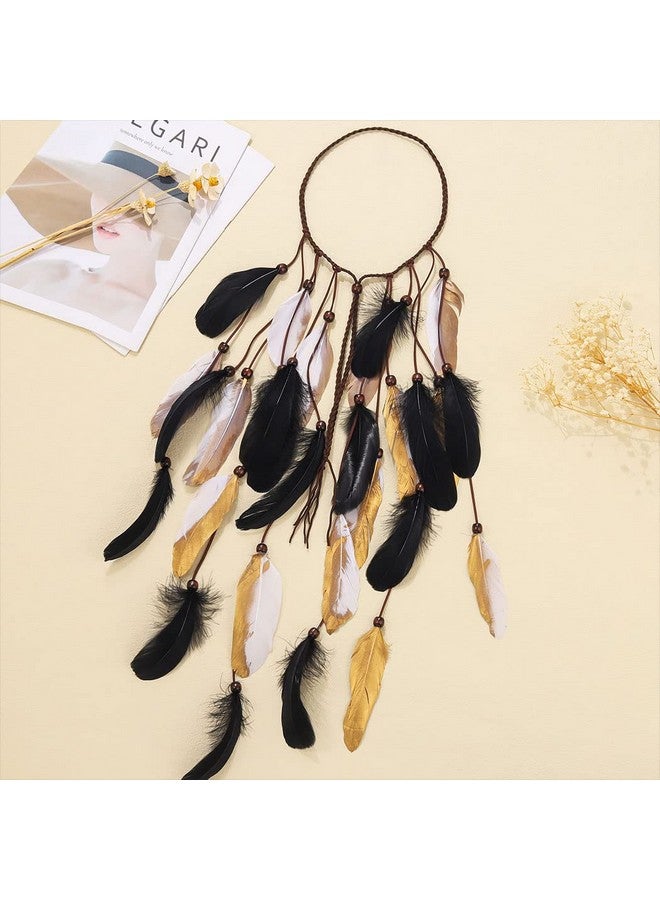 Boho Feather Headband Gypsy Headpiece Headdress Bohemian Hippie Headbands Indian Festival Hair Band Adjust Long Feather Hair Accessories For Women And Girls (Black+Gold)