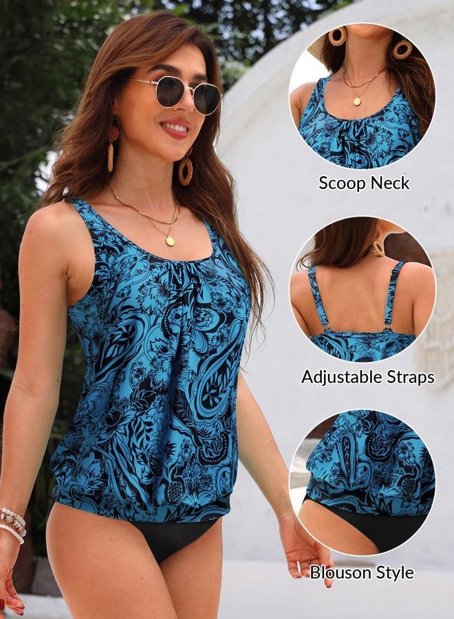 Yonique Womens Blouson Tankini Top No Bottom Loose Fit Swim Top Modest Tank Top, Blue Black Paisley, XL - Image 4