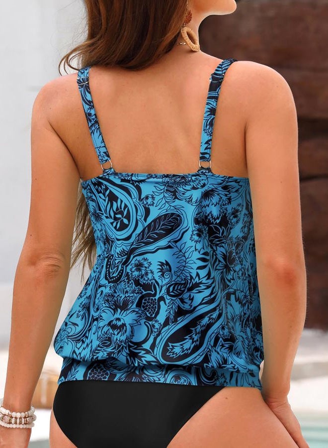 Yonique Womens Blouson Tankini Top No Bottom Loose Fit Swim Top Modest Tank Top, Blue Black Paisley, XL - Image 2