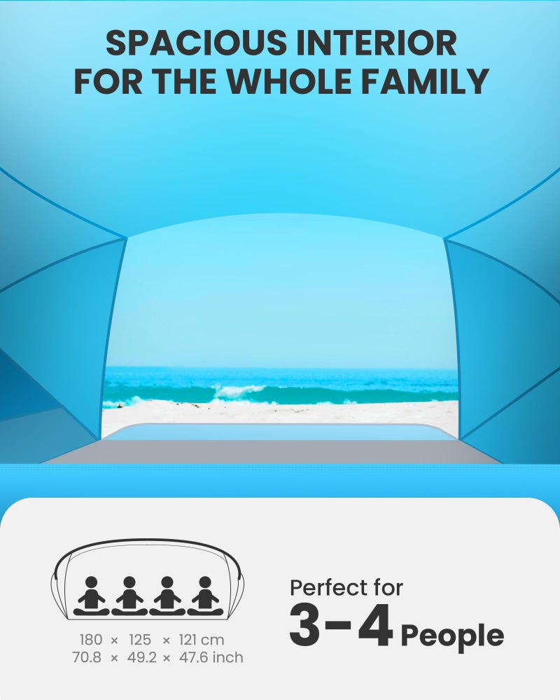 OutdoorMaster Beach Tent for 3-4 Person - Easy Setup and Portable Beach Shade Sun Shelter Canopy with UPF 50+ UV Protection Removable Skylight Family Size - Blue - Image 3
