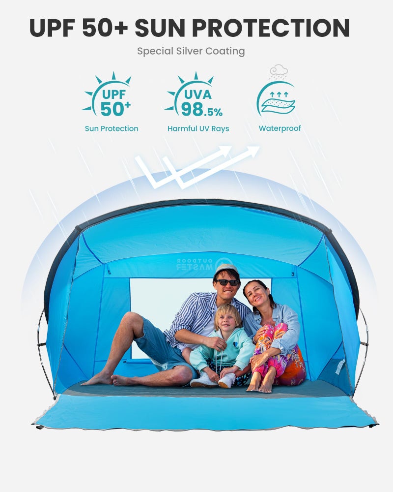 OutdoorMaster Beach Tent for 3-4 Person - Easy Setup and Portable Beach Shade Sun Shelter Canopy with UPF 50+ UV Protection Removable Skylight Family Size - Blue - Image 2
