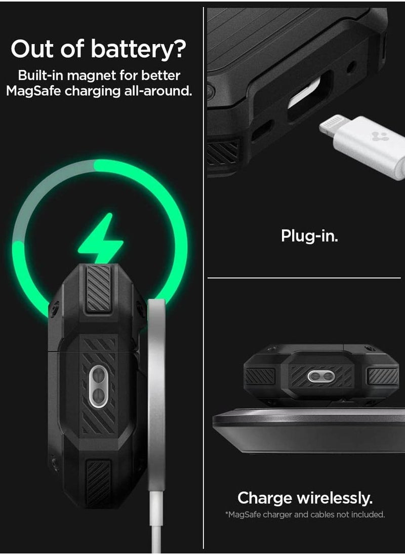 Spigen - Tough Armor Mag Fit Airpods Pro 2 Case Cover (2nd Generation) with MagSafe Compatible Magnets Embedded & Keychain - Black - Image 1