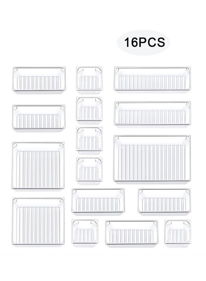 16 PCS Clear Plastic Drawer Organizer Tray for Makeup, Kitchen Utensils, Jewelries and Gadgets - Image 1