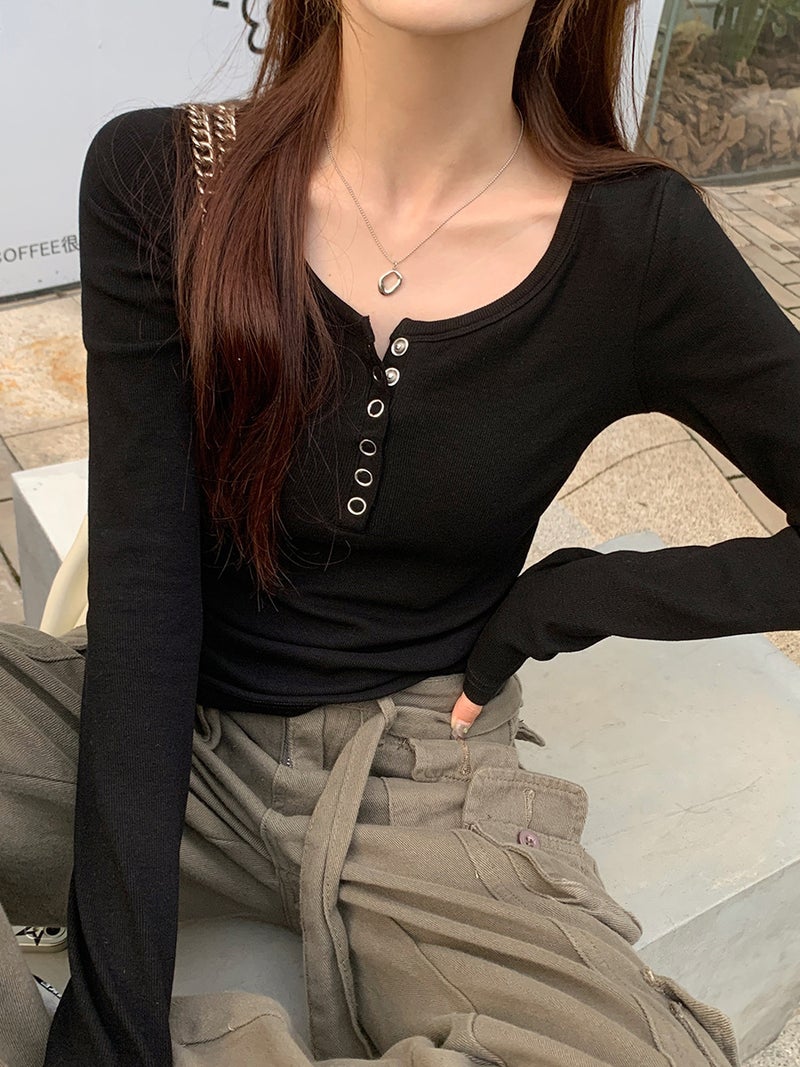 American Retro White Long-Sleeved T-Shirt Women'S Inner Wear Slim Slimming Short Top Long-Sleeved Bottoming Shirt - Image 3
