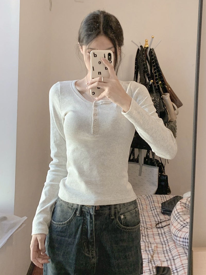 American Retro White Long-Sleeved T-Shirt Women'S Inner Wear Slim Slimming Short Top Long-Sleeved Bottoming Shirt - Image 2