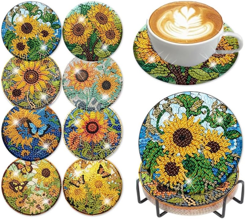 croshom 8 Pieces Diamond Painting Coasters-Sunflowers Diamond Painting Kits,Sunflowers Diamond Art Coasters,5D DIY Full Drill Diamond Round Dots,Diamond Art Kits for Adults Arts and Crafts Supplies - Image 1