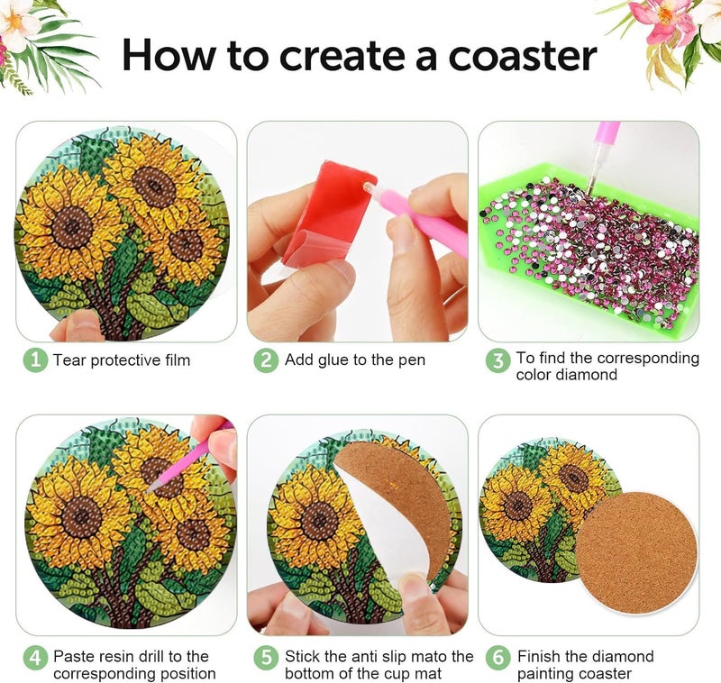 croshom 8 Pieces Diamond Painting Coasters-Sunflowers Diamond Painting Kits,Sunflowers Diamond Art Coasters,5D DIY Full Drill Diamond Round Dots,Diamond Art Kits for Adults Arts and Crafts Supplies - Image 3