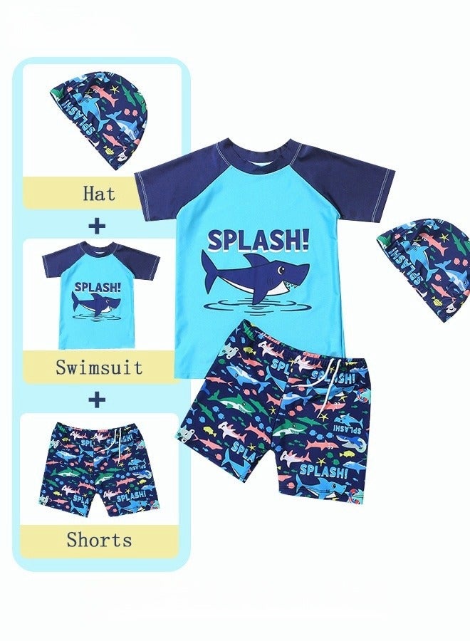 3 Piece Kids Swimsuit with Cap Set Toddler Boys Letter Shark Print Swimwear Children Swimming Trunks Short Sleeves Clothing Beachwear Bathing Suit for Summer Blue/Multicolor - Image 1