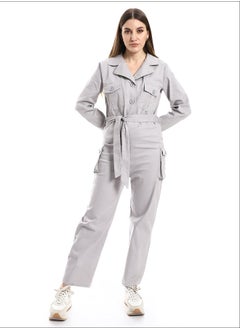 Notched Collar Buttoned Plain Women Jumpsuit_Light Grey