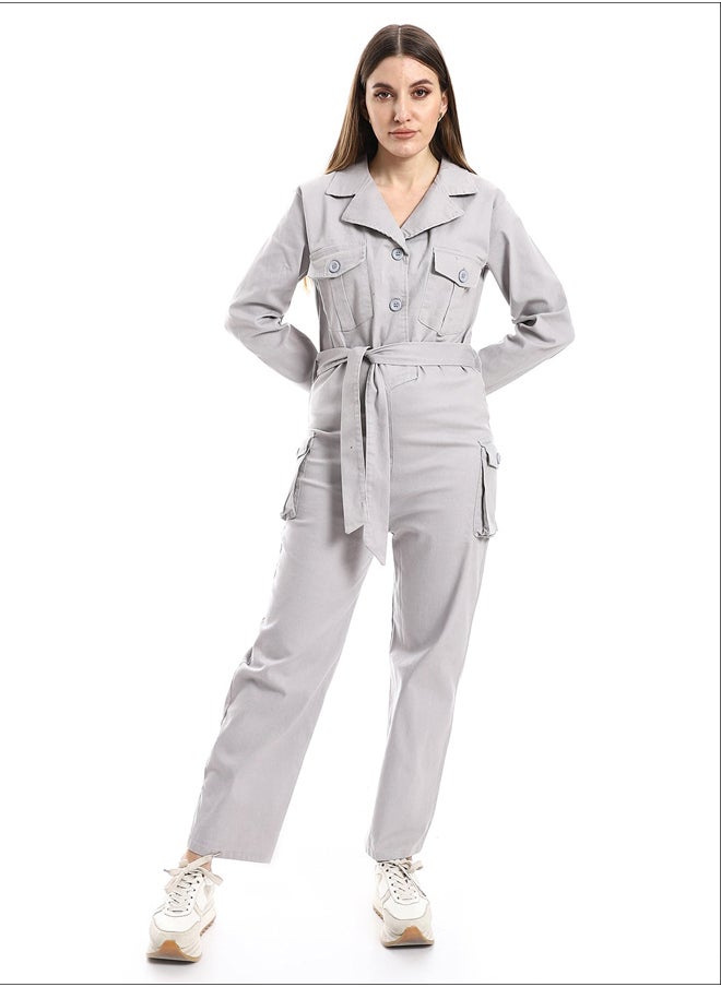 Andora - Notched Collar Buttoned Plain Women Jumpsuit_Light Grey - Image 1