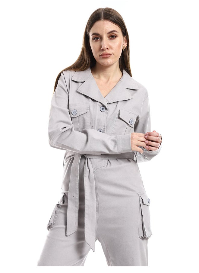Andora - Notched Collar Buttoned Plain Women Jumpsuit_Light Grey - Image 1