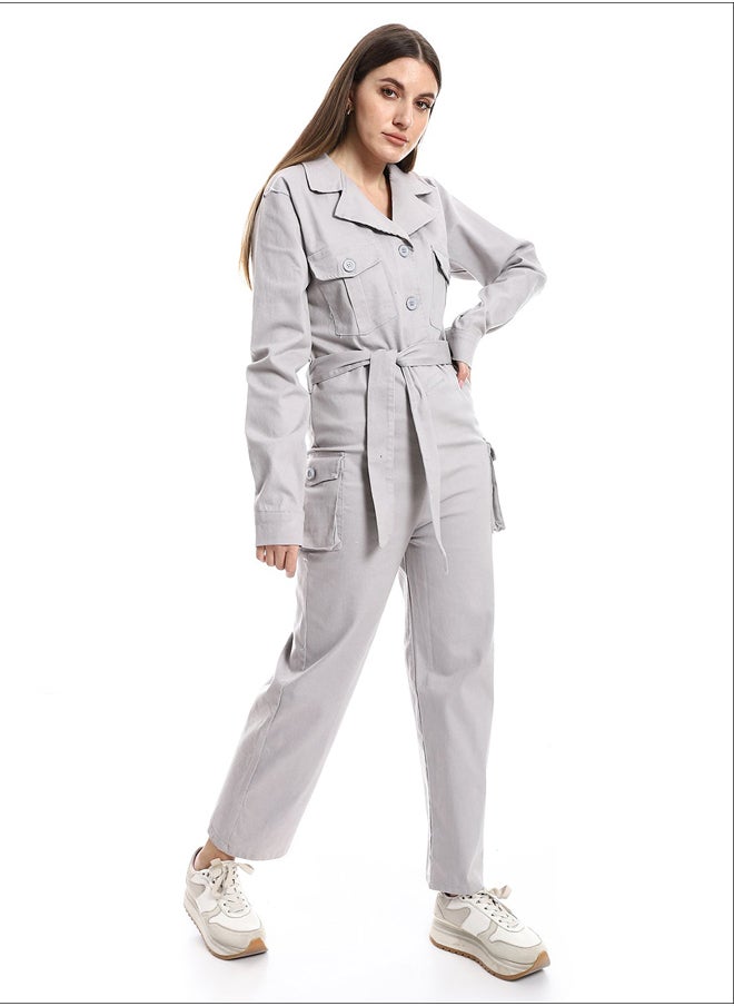 Andora - Notched Collar Buttoned Plain Women Jumpsuit_Light Grey - Image 1