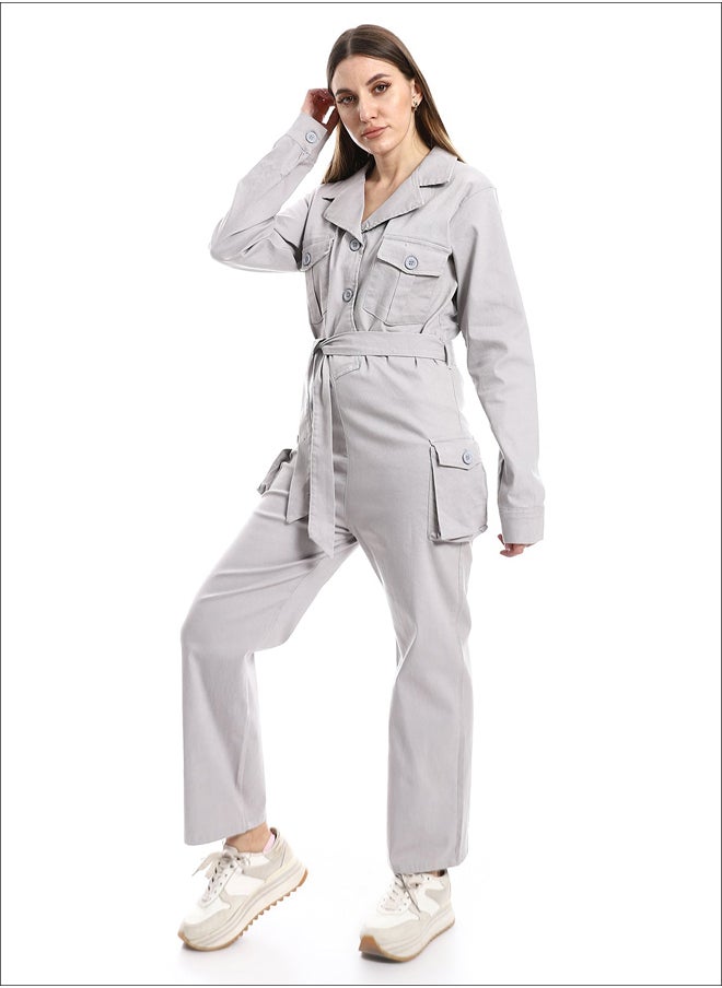 Andora - Notched Collar Buttoned Plain Women Jumpsuit_Light Grey - Image 1