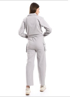 Andora Notched Collar Buttoned Plain Women Jumpsuit_Light Grey  - Image 3