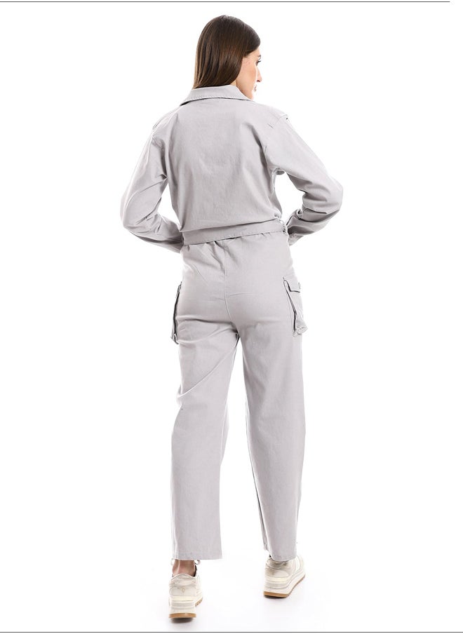 Andora - Notched Collar Buttoned Plain Women Jumpsuit_Light Grey - Image 1