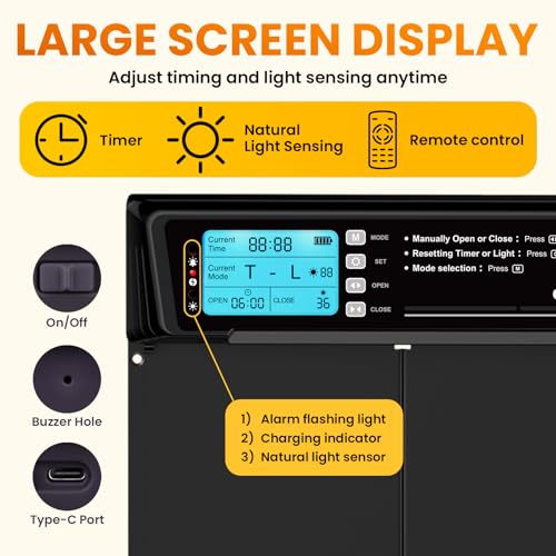 OKKÖBI Extra Large Automatic Chicken Coop Door Solar Powered with Remote - LCD Display, Light Sensor, Timer & Anti-Pinch Function – 11.3" x 8.7" Door Opening – 5-Year Protection – Black – by Okköbi - Image 5